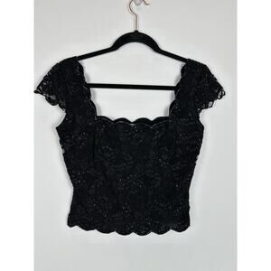 Vintage 90s Fairy Goth Witchy Top Black Lace Sequin Med Cap Sleeve Square‎ Neck